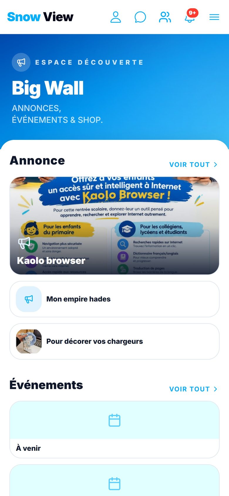 Écran Big Wall : annonces, événements et shop